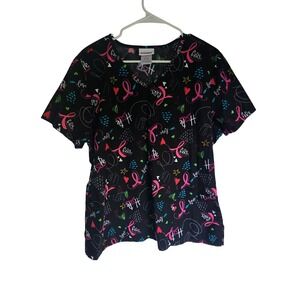Scrubstar Womens XL Black Breast Cancer Awareness Pink Ribbon V-Neck Scrub Top